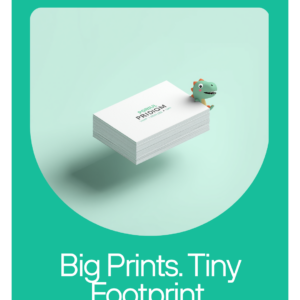 Dudu business cards with mint dino mascot — Big prints, tiny footprint