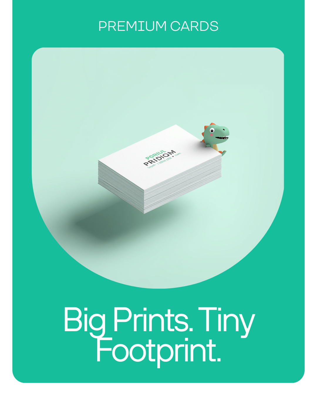 Dudu business cards with mint dino mascot — Big prints, tiny footprint