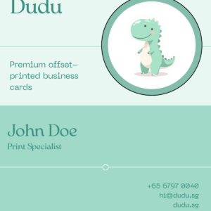 Dudu mint-green offset-printed business cards with dino mascot