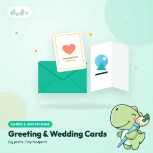 Illustrated greeting card, wedding invitation and envelope