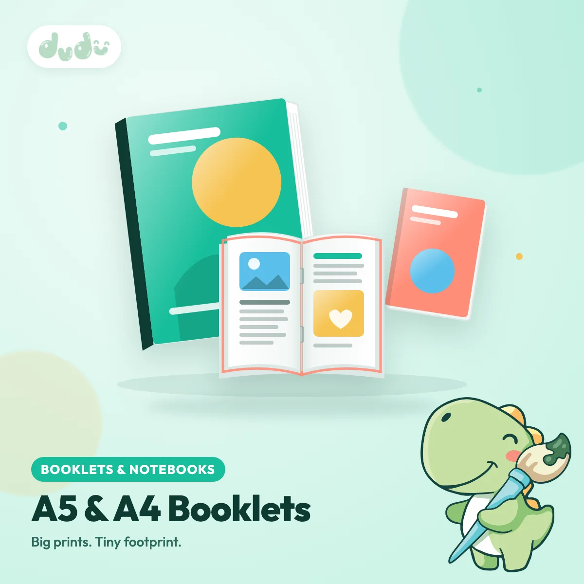 Open A4 booklet beside a stack of saddle-stitched and perfect-bound booklets