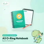 Custom A5 hard-cover notebook with black Wire-O binding and printed ruled pages