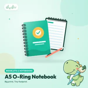 Custom A5 hard-cover notebook with black Wire-O binding and printed ruled pages