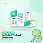 Folded tri-fold brochure standing open beside a stack of bi-fold brochures