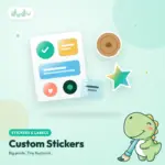 Custom stickers in assorted shapes and materials, some on a kiss-cut sheet and some die-cut as loose pieces