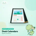 Custom printed Wire-O desk calendar standing on a black chipboard stand