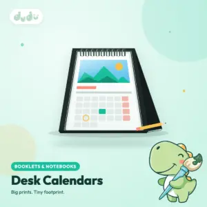 Custom printed Wire-O desk calendar standing on a black chipboard stand