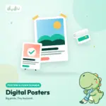 Illustrated full-colour digital poster on a wall beside a smaller poster on a stand