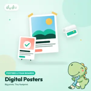 Illustrated full-colour digital poster on a wall beside a smaller poster on a stand