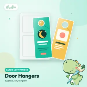 Die-cut door hanger with a round doorknob hole, printed in full colour on matt card