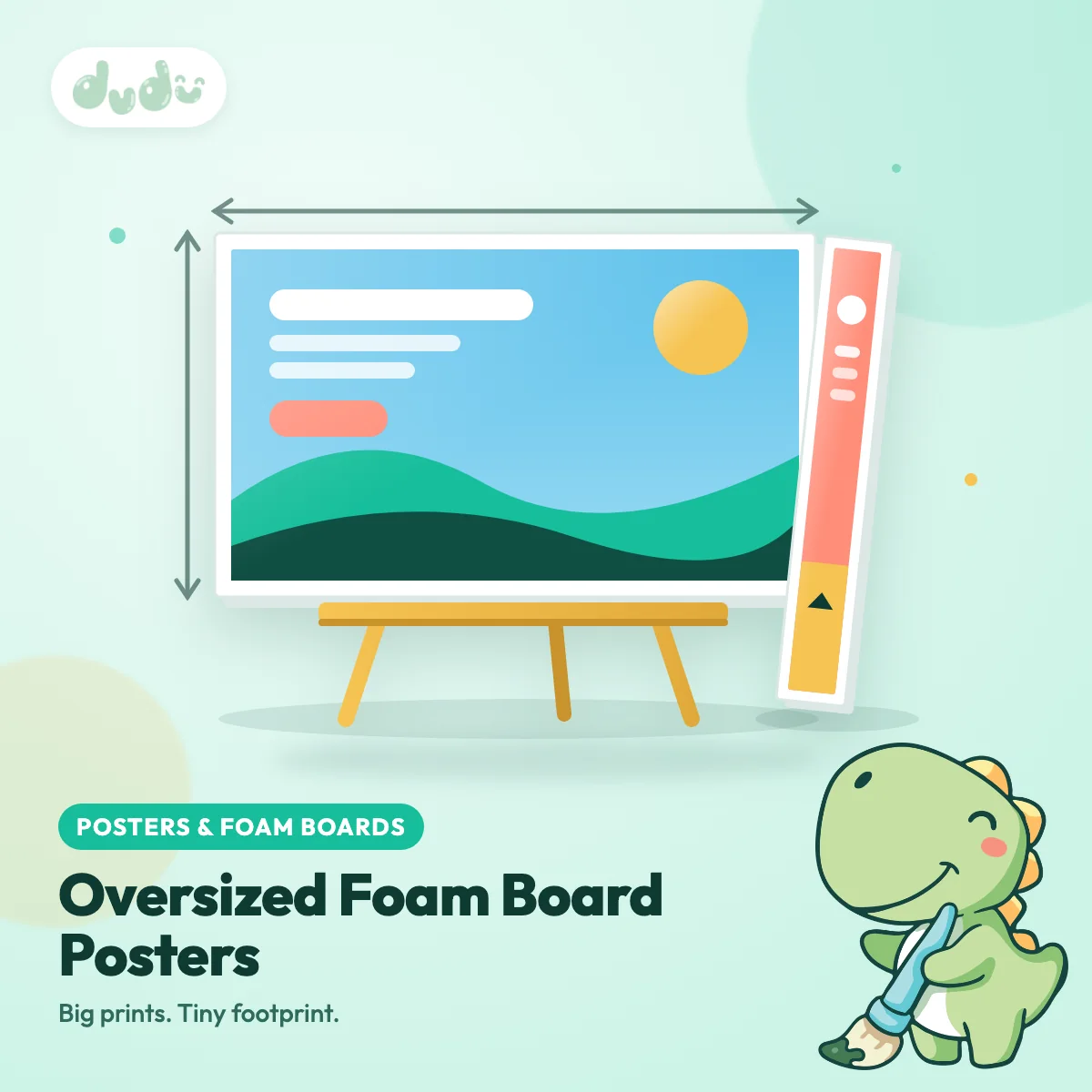 Large printed foam board poster standing on an easel beside a long narrow board