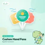 Custom printed die-cut hand fans with handles in mint, yellow and coral