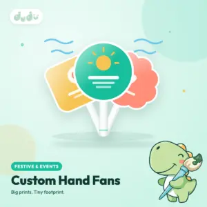 Custom printed die-cut hand fans with handles in mint, yellow and coral