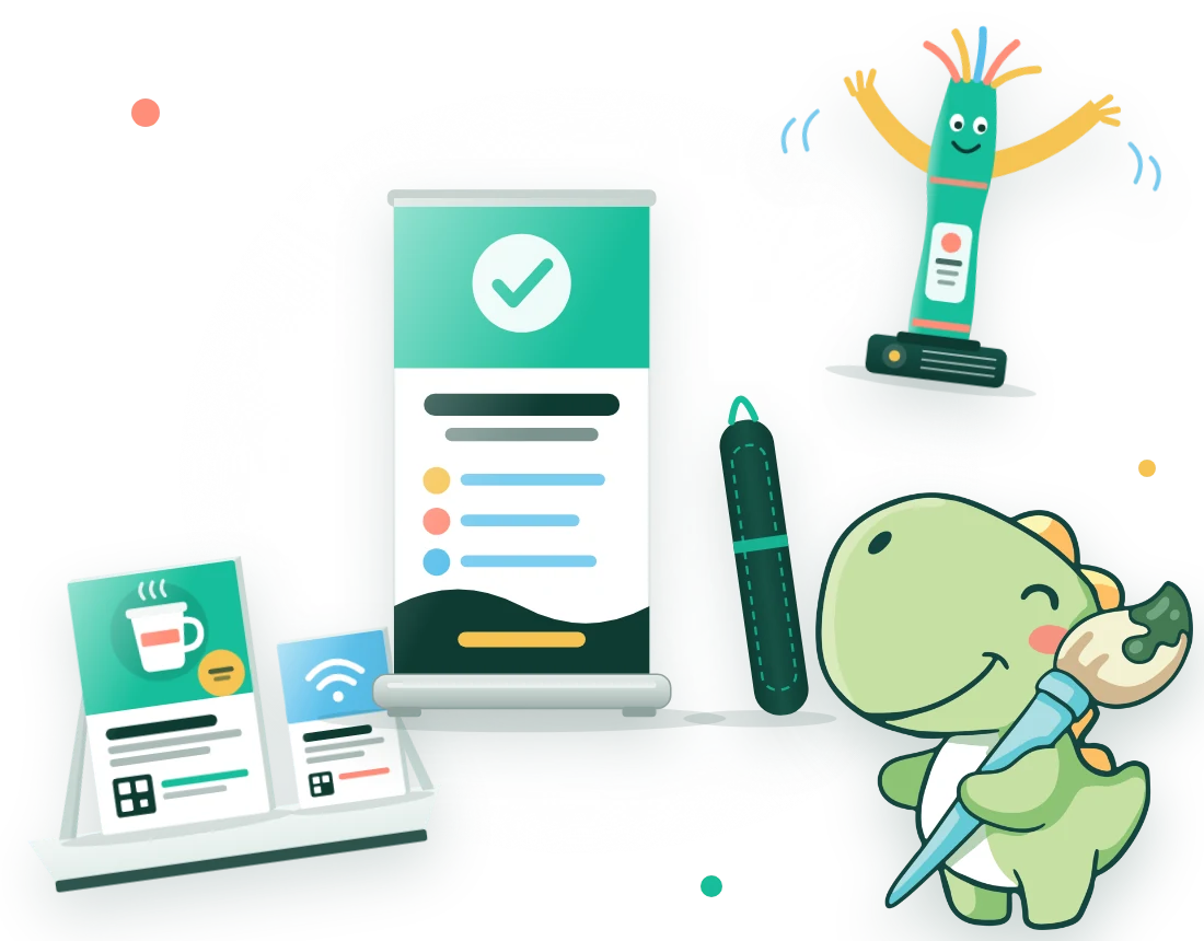 Roll-up banner, air dancer and table display with Dudu the dino