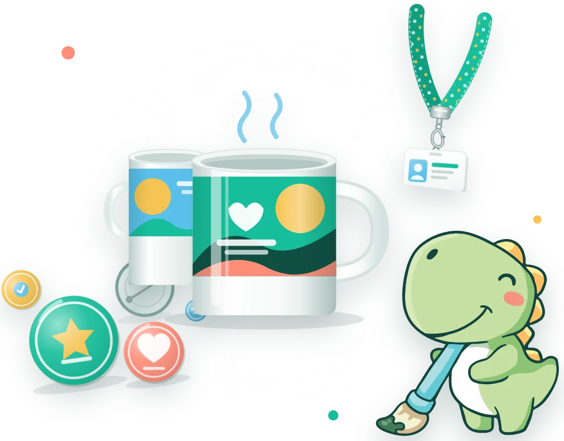 Custom mugs, lanyard and button badges with Dudu the dino