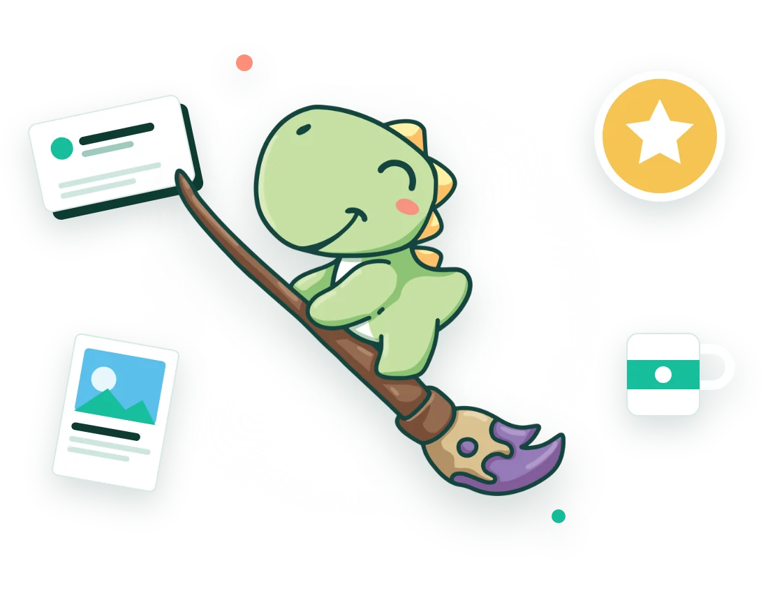 Dudu the dino riding a paintbrush surrounded by printed products