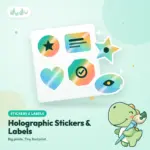 Holographic stickers with a rainbow shimmer, shown as a kiss-cut sheet and loose die-cut pieces