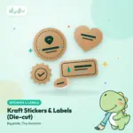 Die-cut brown kraft paper stickers in custom round, heart and label shapes