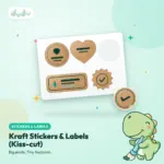 Sheet of brown kraft kiss-cut stickers in round, heart and label shapes with one sticker peeling off