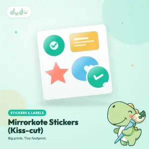 Kiss-cut mirrorkote sticker sheet with custom-shaped glossy stickers