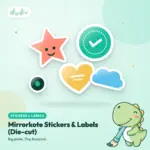 Loose die-cut glossy mirrorkote stickers in custom shapes, each with its own backing