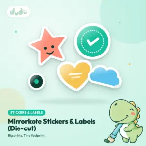 Loose die-cut glossy mirrorkote stickers in custom shapes, each with its own backing