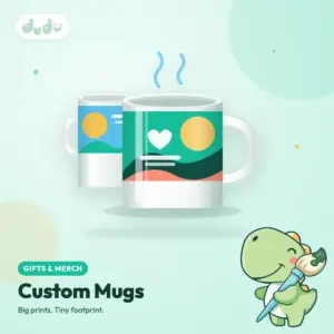 White ceramic mug with a colourful custom wraparound print