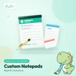 Stack of custom printed tear-off notepads with a glued top edge and a pen