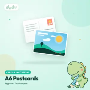 Stack of printed A6 postcards with a colourful picture front and a writable back