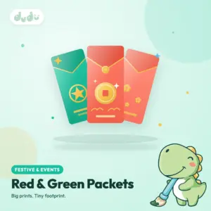 Custom printed red and green packets with gold foil accents, fanned out in a stack