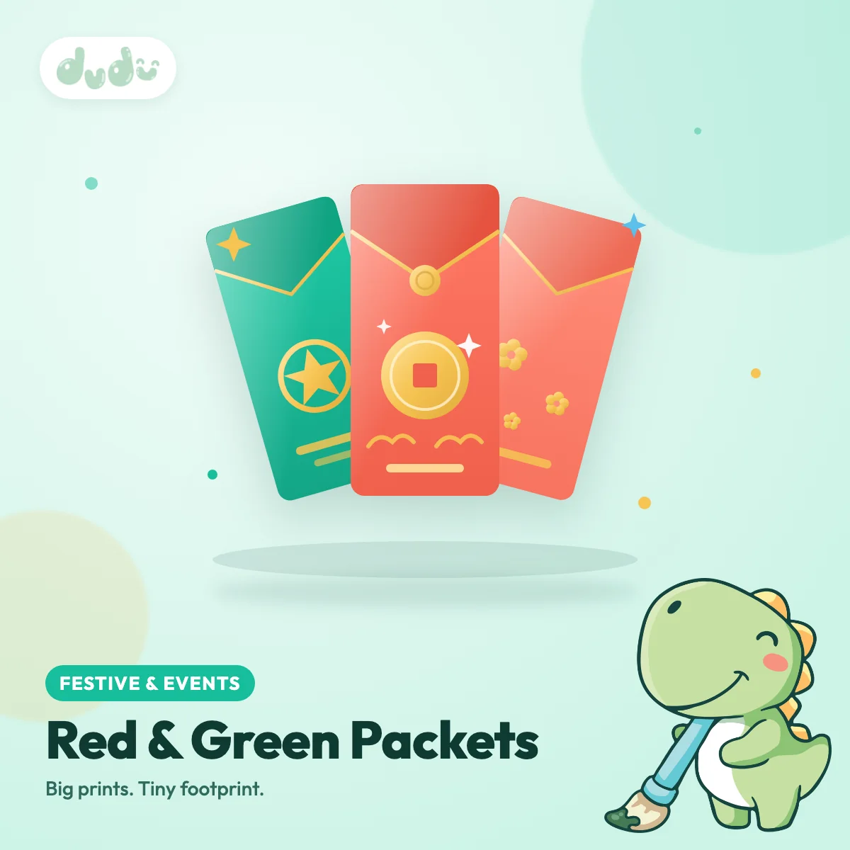 Custom printed red and green packets with gold foil accents, fanned out in a stack