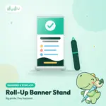 Roll-up banner standing on its aluminium base with a padded carry bag beside it