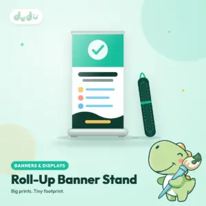 Roll-up banner standing on its aluminium base with a padded carry bag beside it