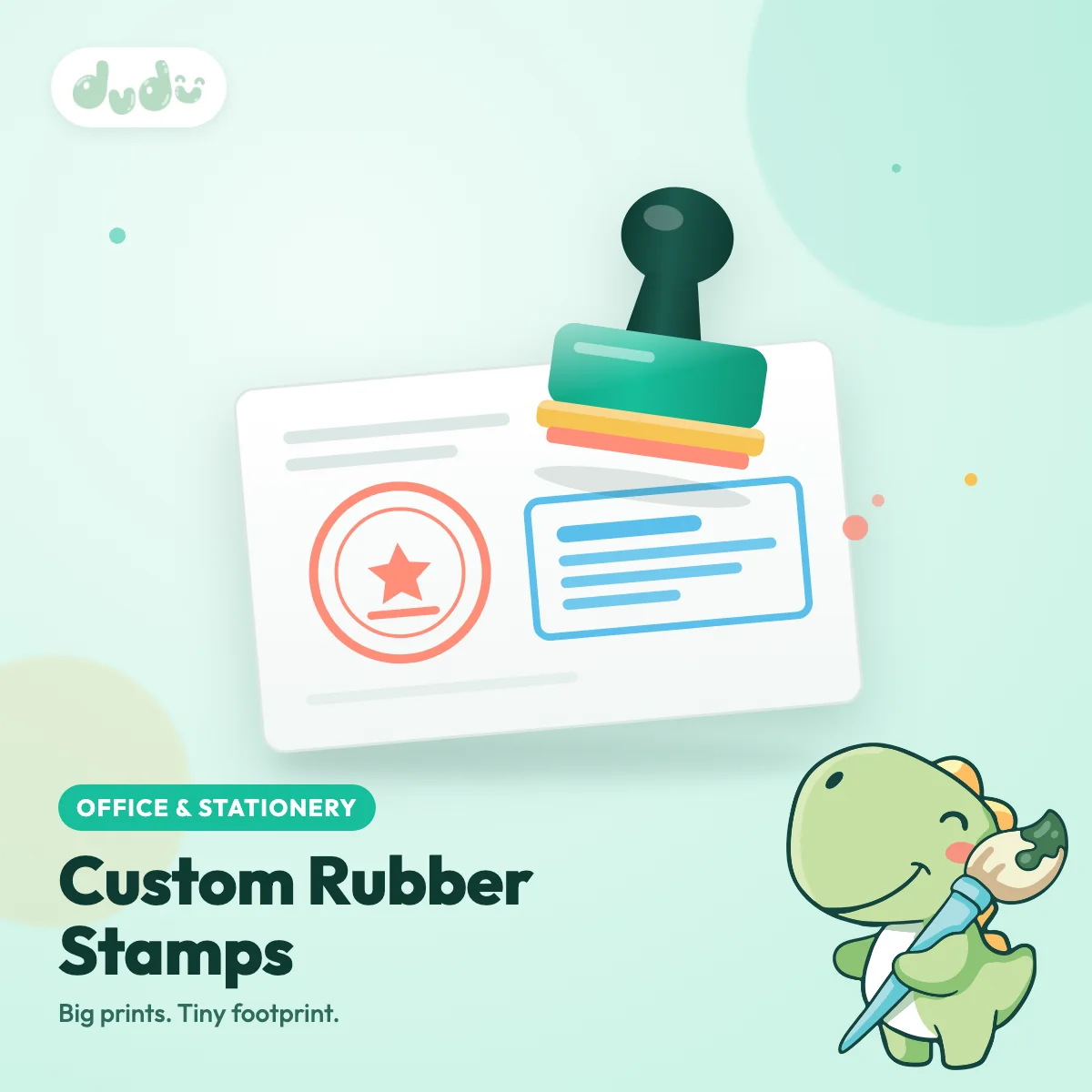 Custom rubber stamp with round and rectangular ink impressions on paper