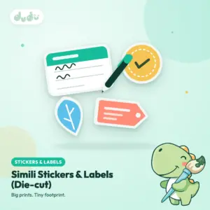 Die-cut simili paper stickers in custom shapes with a matte, writable surface and a pen