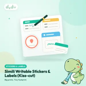 Kiss-cut simili sticker sheet with matte writable labels and a pen
