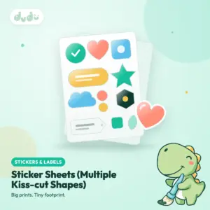 Kiss-cut sticker sheet with an assortment of round, heart, star and custom-shaped stickers