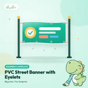 Full-colour PVC street banner with metal eyelets tied between two poles