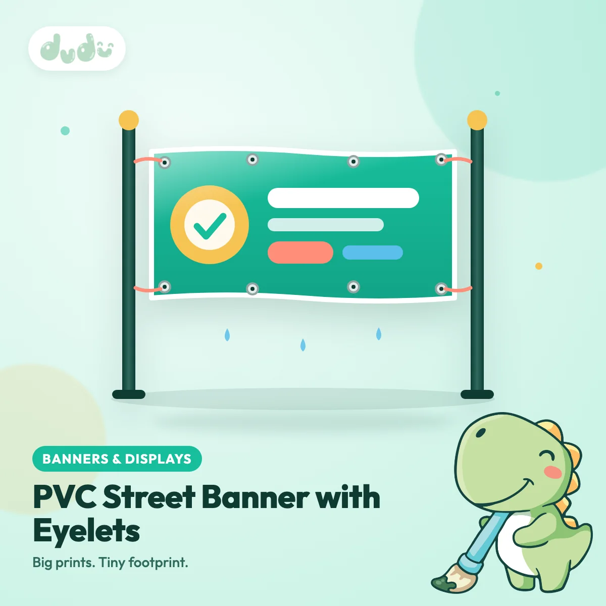 Full-colour PVC street banner with metal eyelets tied between two poles