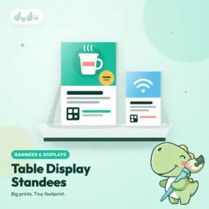 Matt foam board table standee propped up by a stand at the back, sitting on a counter top