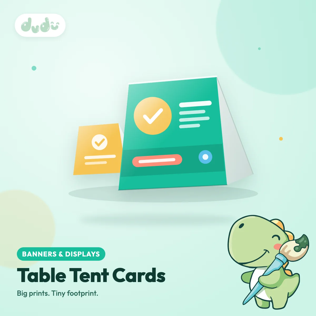 Folded table tent card standing on a table with a colourful printed design
