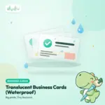 Stack of frosted translucent plastic business cards with a mint design showing through