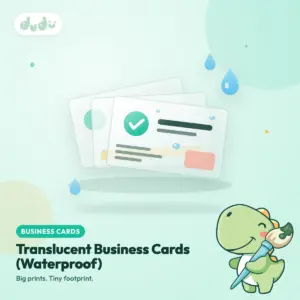 Stack of frosted translucent plastic business cards with a mint design showing through