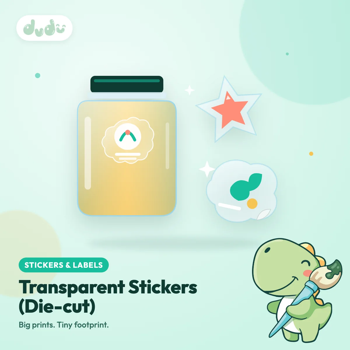 Clear die-cut stickers on a glass jar and loose custom-shaped transparent stickers