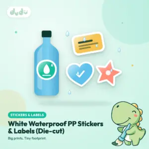Die-cut white waterproof PP stickers in custom shapes with water droplets beading on the surface