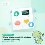 Sheet of kiss-cut white waterproof PP stickers with water droplets beading on the surface